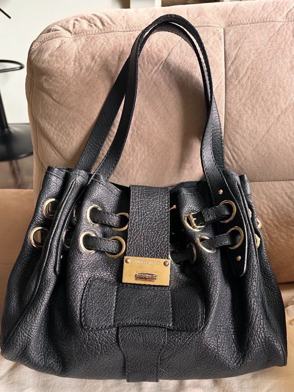 Jimmy Choo Ramona Leather Shoulder Bag Tote Satchel Hobo Bag - Black & Gold